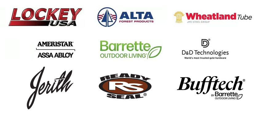 Logos of the many manufacturers of quality fence materials that we work with